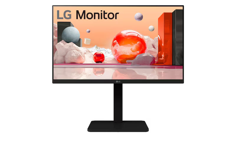LG 24BA450-B Monitor előlnézetben, talpon. A képernyőn színes márvány szerű alakzatok.