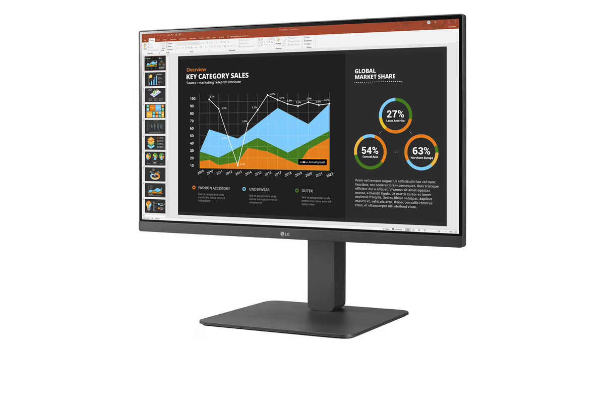 LG 24BR750C Monitor előlnézetben talpon, enyhén balra fordítva. A kijelzőn powerpoint prezentációs diagramok.