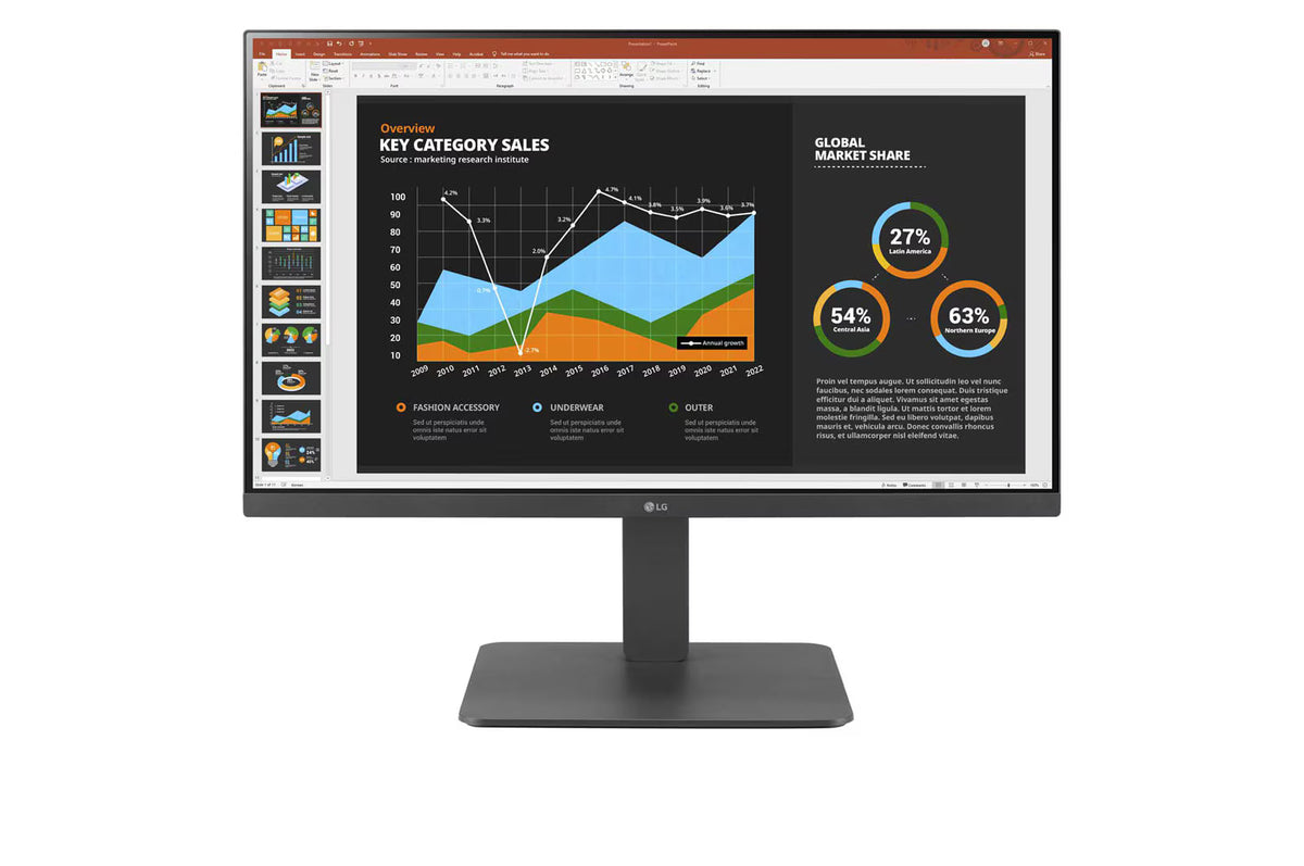 LG 24BR750C Monitor előlnézetben talpon. A kijelzőn powerpoint prezentációs diagramok.