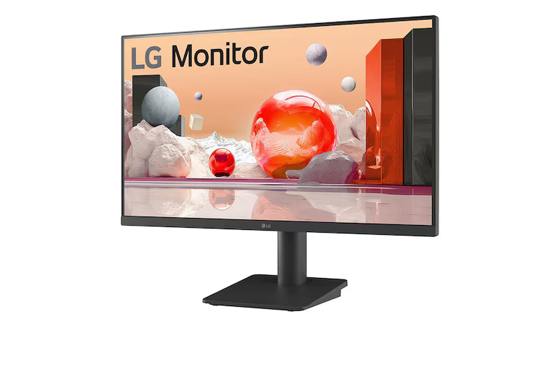 LG 24MS550-B Monitor előlnézetben, enyhén balra fordítva, talpon. A képernyőn színes márvány szerű alakzatok.