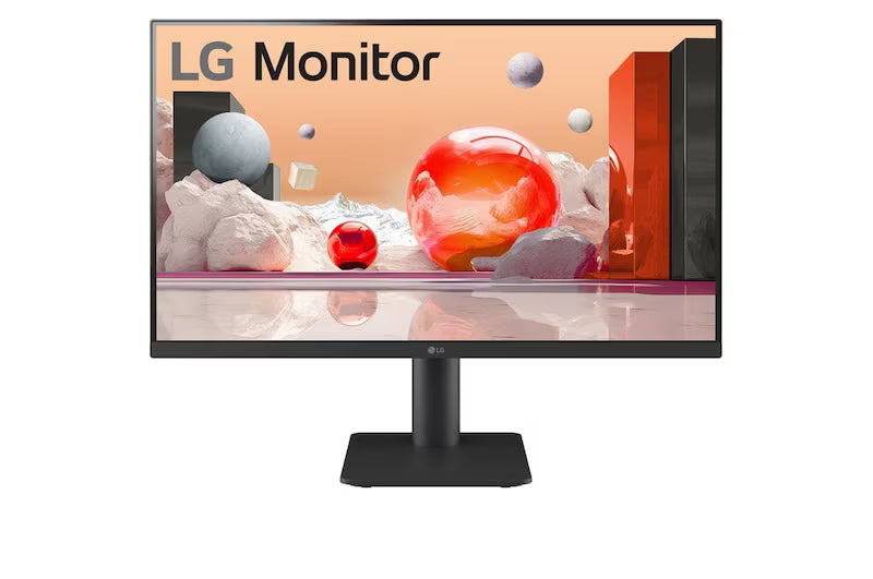 LG 24MS550-B Monitor előlnézetben, talpon. A képernyőn színes márvány szerű alakzatok.