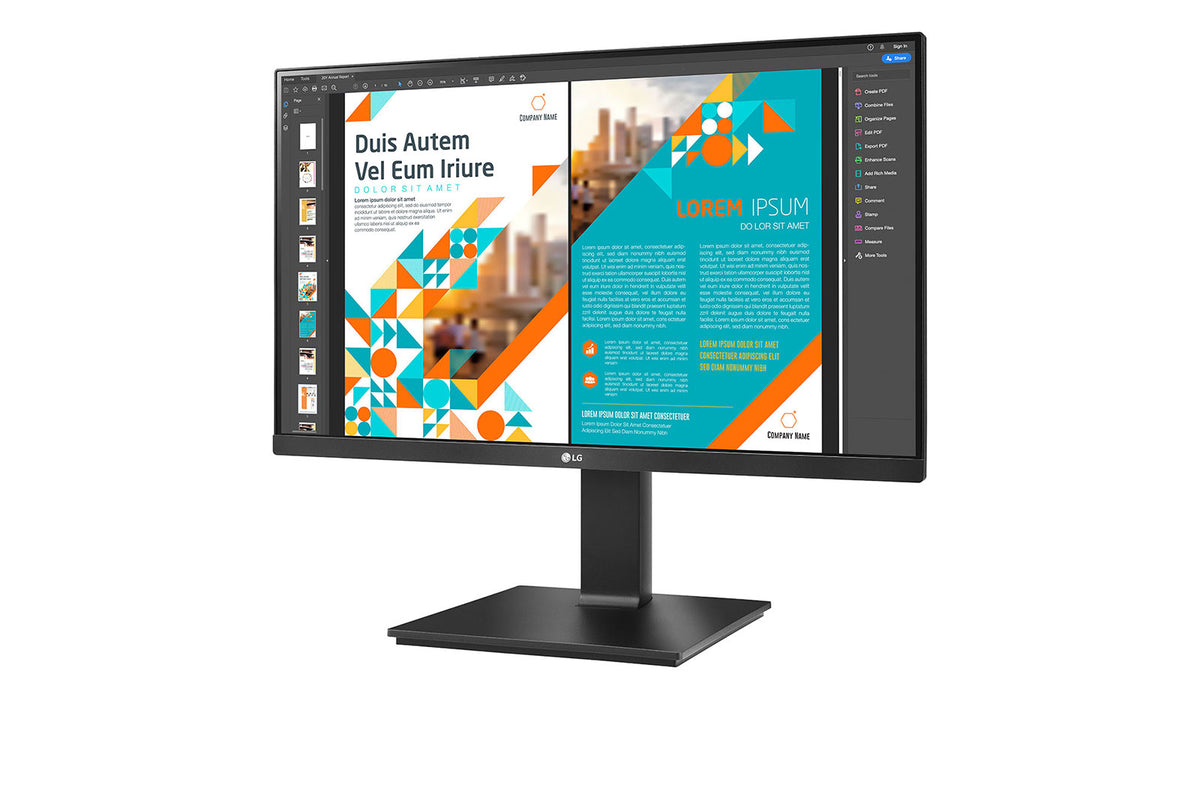 LG 24QP550-B Monitor előlnézetben enyhén balra fordítva, talpon. A kijelzőn pdf dokumentum üzleti banner terv.
