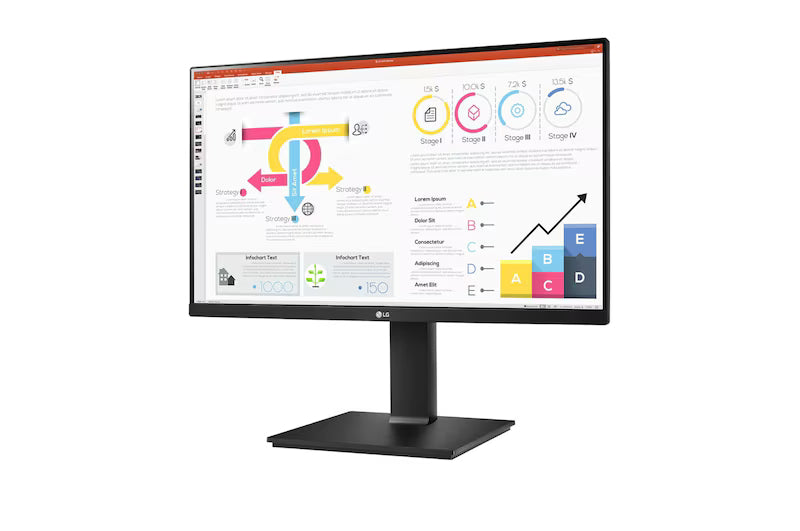 LG 24QP750 Monitor előlnézetben talpon, enyhén balra fordítva. A kijelzőn powerpoint prezentációs diagramok.