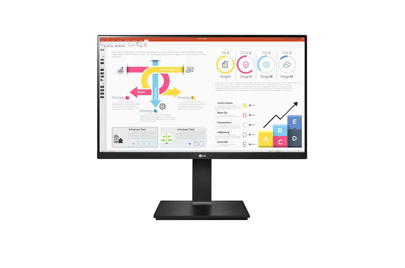 LG 24QP750 Monitor előlnézetben talpon. A kijelzőn powerpoint prezentációs diagramok.