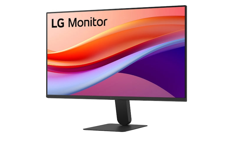 LG U411A-B Monitor előlnézetben talpon, enyhén balra fordítva. A kijelzőn kékes narancssárga absztrakt színek.