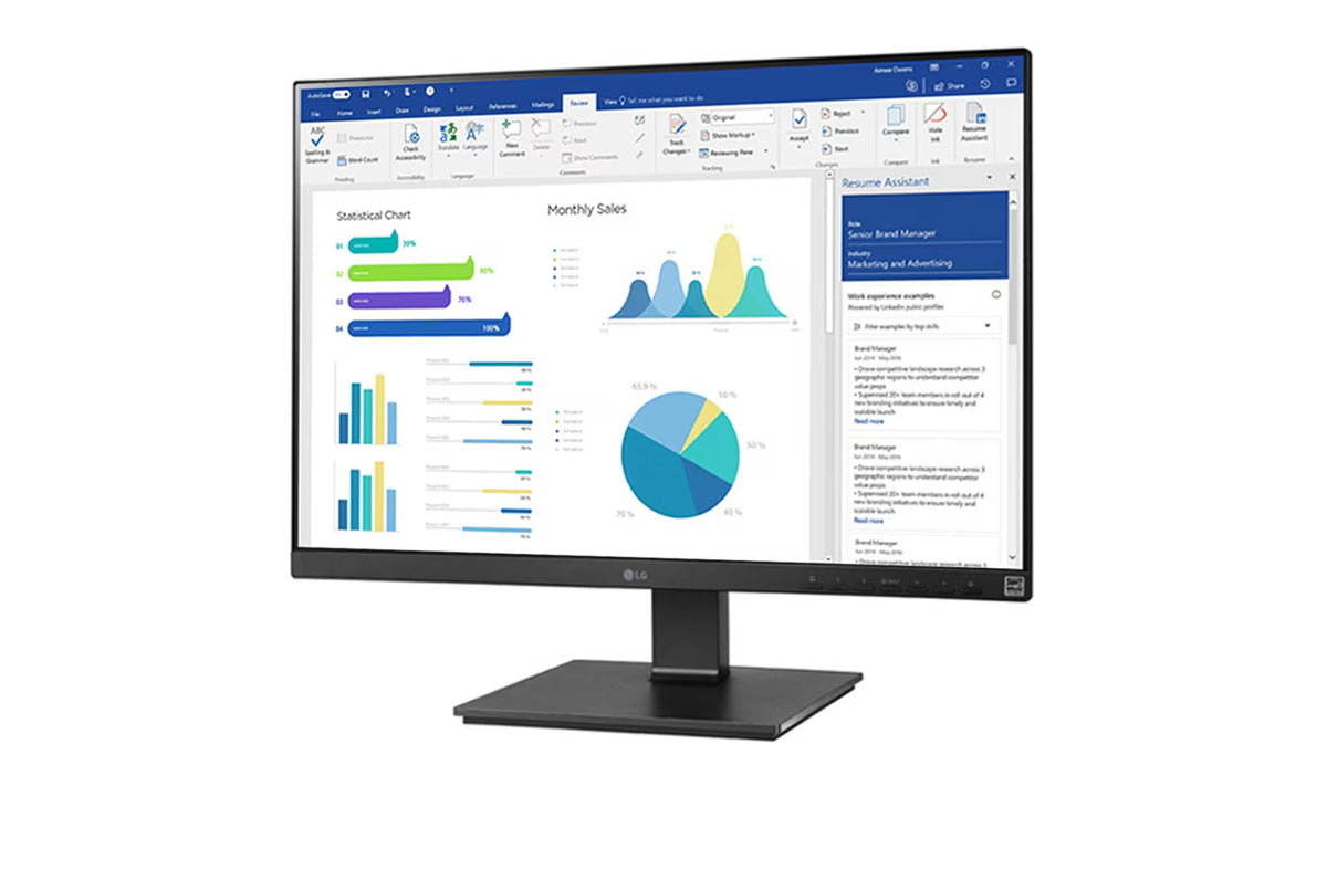 LG 25BL55WY-B Monitor előlnézetben enyhén balra fordítva, talpon. A kijelzőn üzleti diagram szerkesztés microsoft powerpoint.