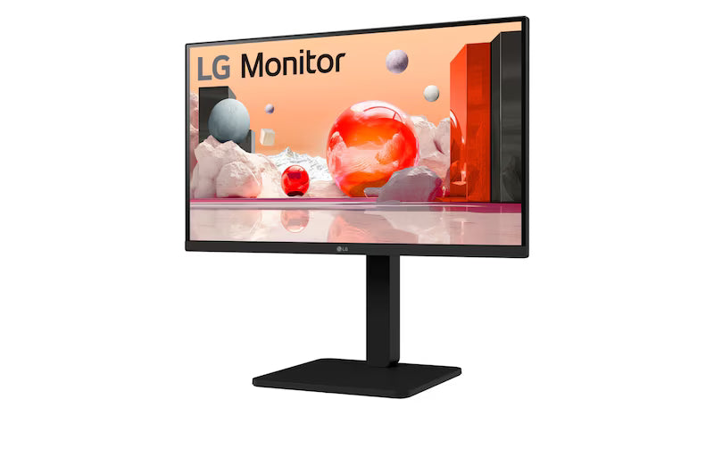 LG 27BA550-B Monitor előlnézetben, enyhén balra fordítva, talpon. A képernyőn színes márvány szerű alakzatok.