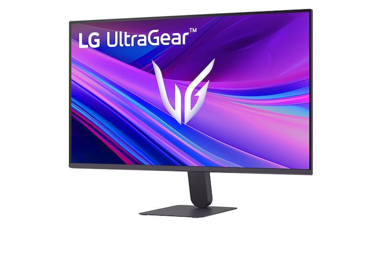LG 27G411U-B Monitor előlnézetben talpon, enyhén balra fordítva. A kijelzőn kékes lila absztrakt ábra és ultragear logó.