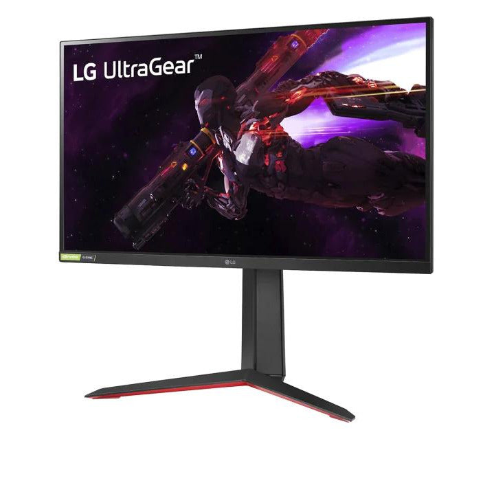 LG 27GP850P Gaming Monitor előlnézetben enyhén balra fordítva. talpon.