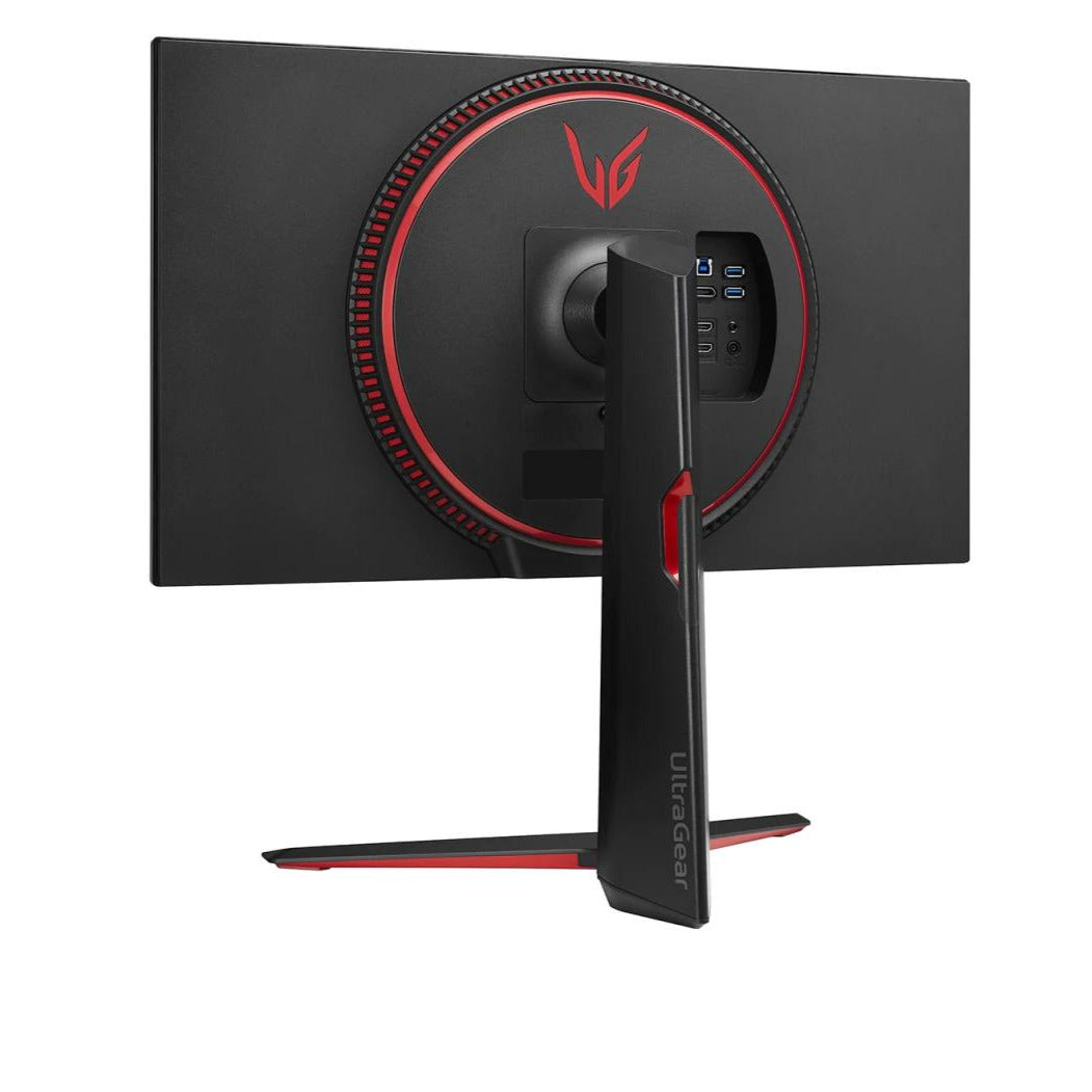 LG 27GP850P Gaming Monitor hátulnézetben enyhén balra fordítva,talpon.