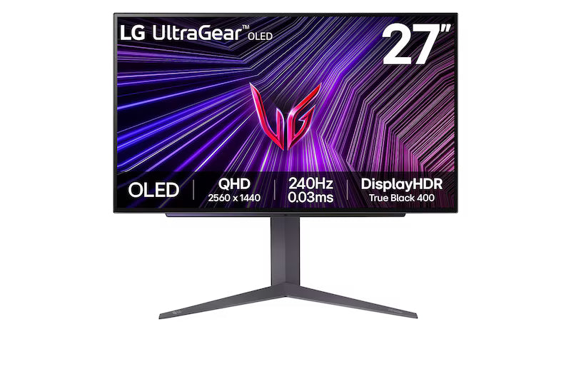 LG 27GS93QE-B Monitor előlnézetben talpon. A kijelzőn ultragear oled logó és főbb paraméterek.