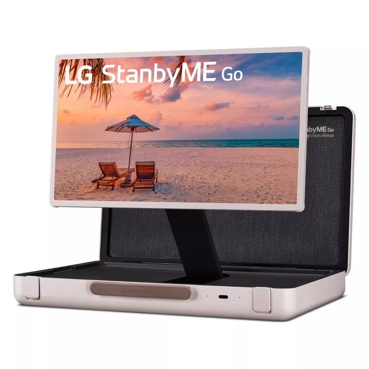 LG 27LX5QKNA monitor előlnézetben, megmelve, enyhén balra fordítva. A kijelzőn lg standbyme go logó és tengerpart.