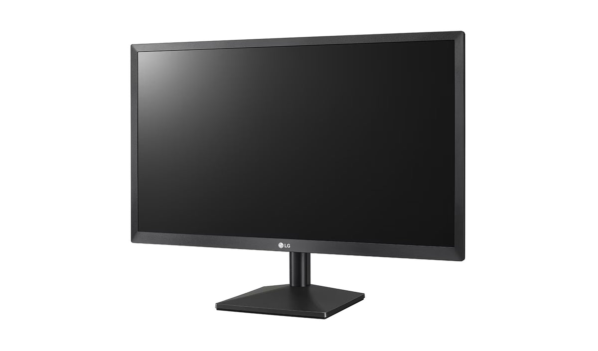 LG 27MK430H-B Monitor előlnézetben talpon, enyhén balra fordítva.