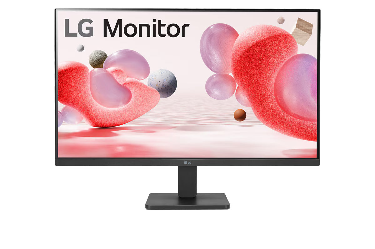 LG 27MR400-B Monitor előlnézetben talpon. A kijelzőn színes formák, alakzatok és LG logó.