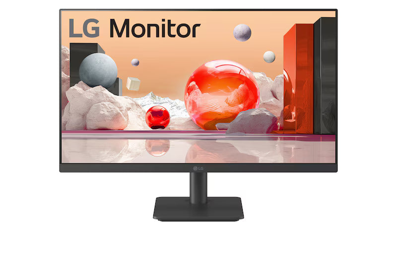 LG 27MS500-B Monitor előlnézetben, talpon. A képernyőn színes márvány szerű alakzatok.
