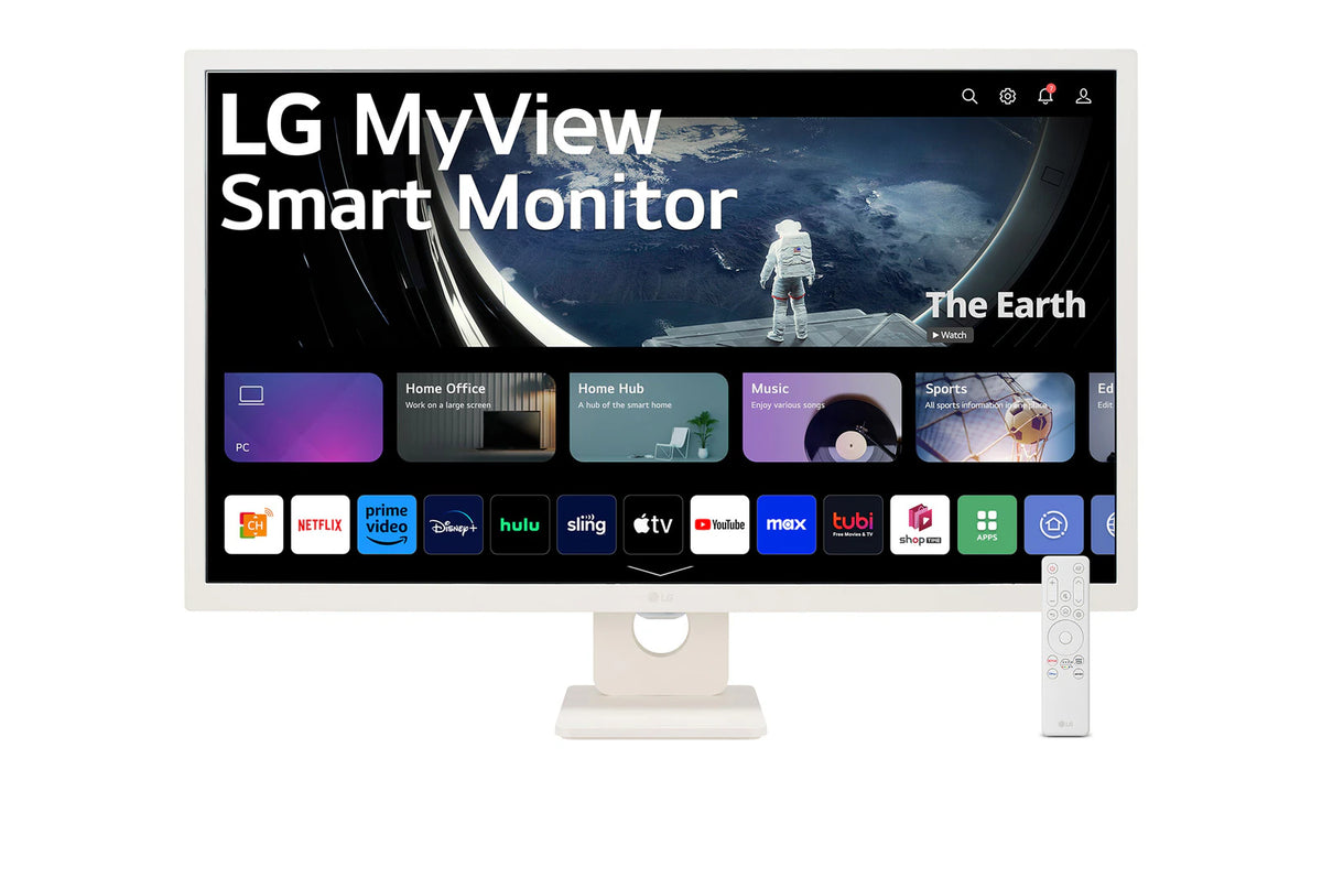 LG 27SRF50F-W Smart monitor előlnézetben, talpon. Kijelzőn smart kezdőképernyő és myview logó.