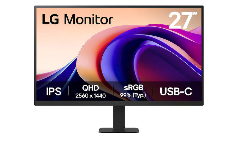 LG 27U631A-B Monitor előlnézetben, talpon. A kijelzőn lilás narancssárga absztrakt ábra és a lényeges paraméterek.