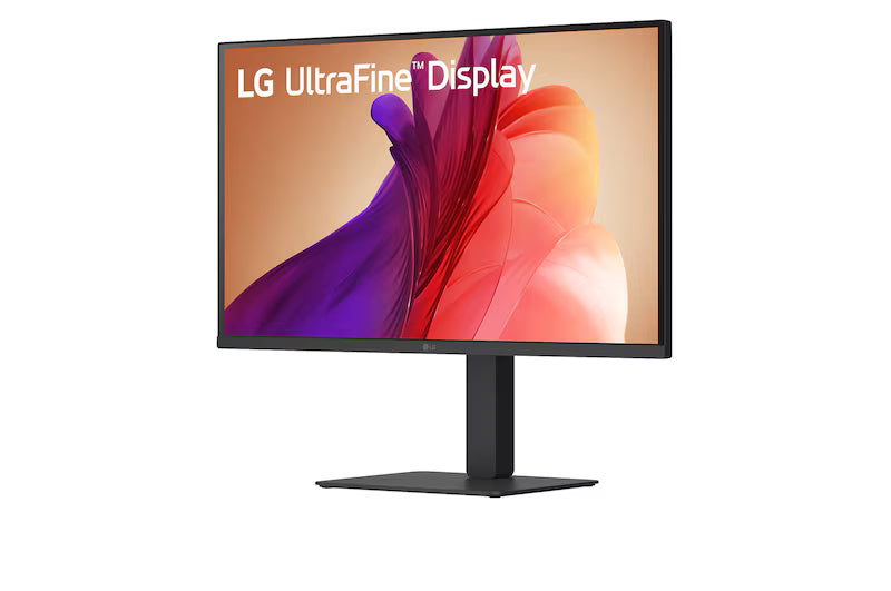 LG 27U730A-B Monitor előlnézetben talpon, enyhén balra fordítva. A kijelzőn ultrafine display logó.