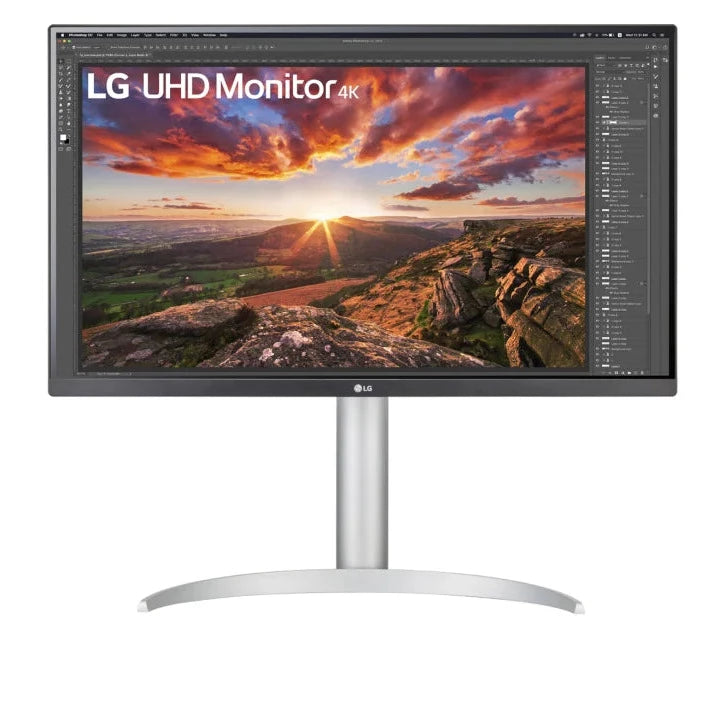 LG 27UP850N Monitor előlnézetben, talpon. A kijelzőn photoshop pillanatkép és lg uhd 4k monitor logó.