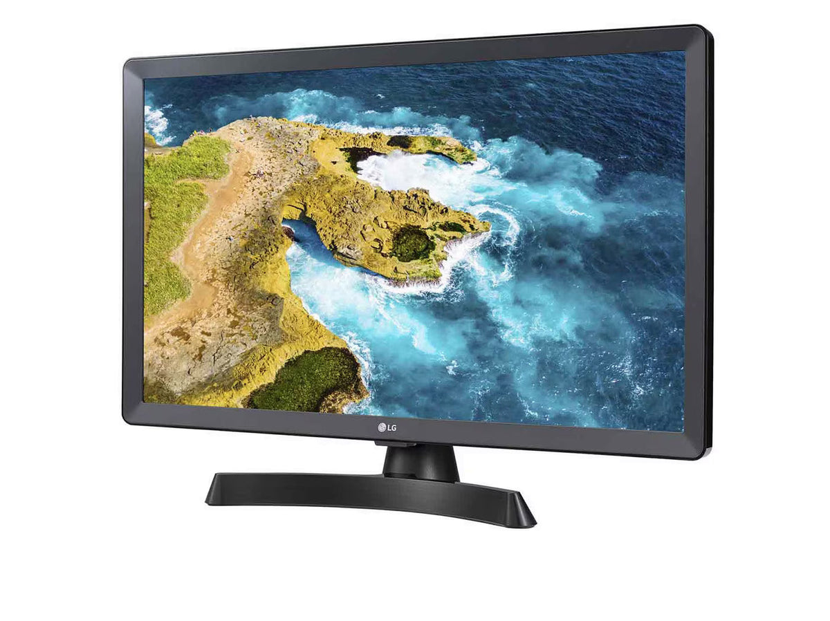LG 28TL510V-PZ TV Monitor előlnézetben talpon, enyhén balra fordítva. A kijelzőn sziklás óceán part.