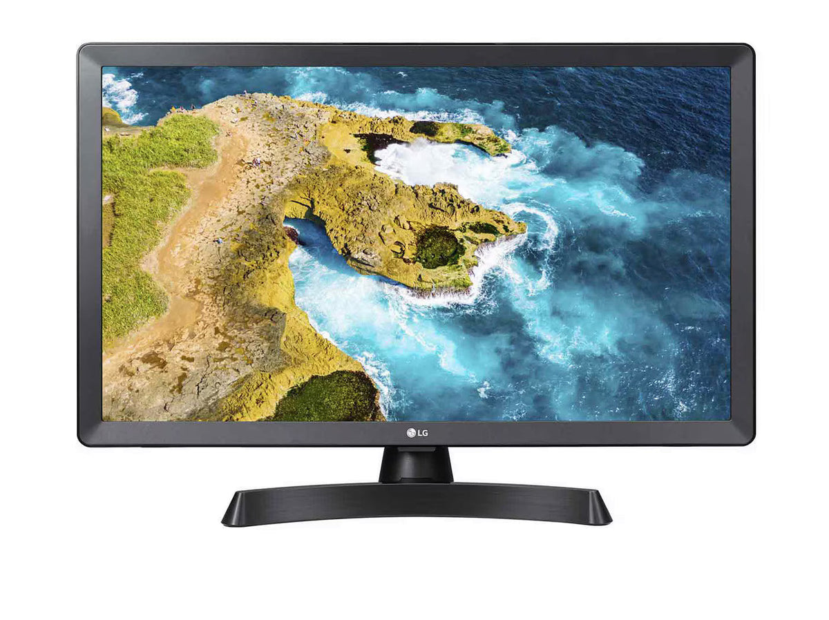 LG 28TQ515S-PZ Smart TV Monitor előlnézetben talpon. A kijelzőn sziklás óceán part.