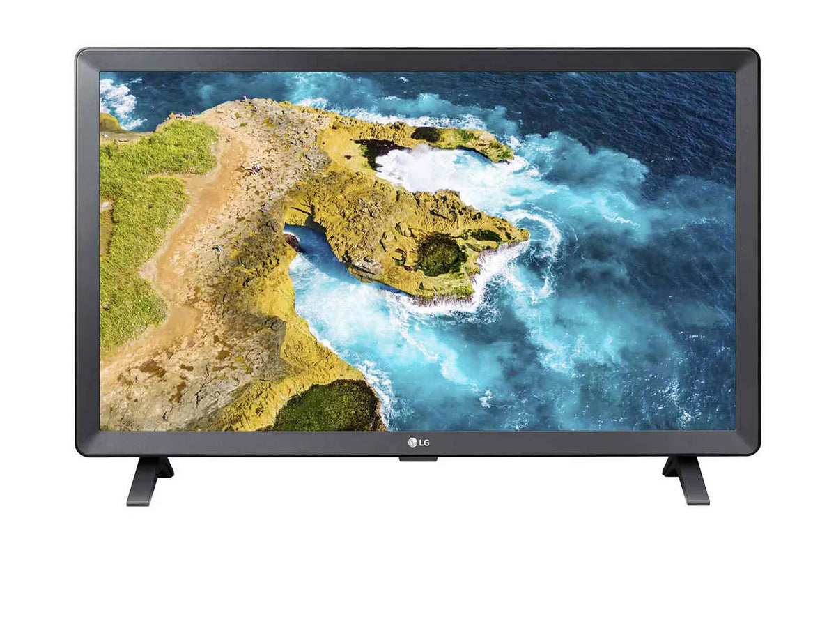 LG 28TQ525S-PZ Smart TV Monitor előlnézetben talpon. A kijelzőn sziklás óceán part.