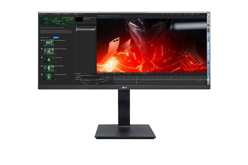 LG 29BN650-B Monitor előlnézetben talpon, a kijelzőn videóvágás utlragear reklámhoz.
