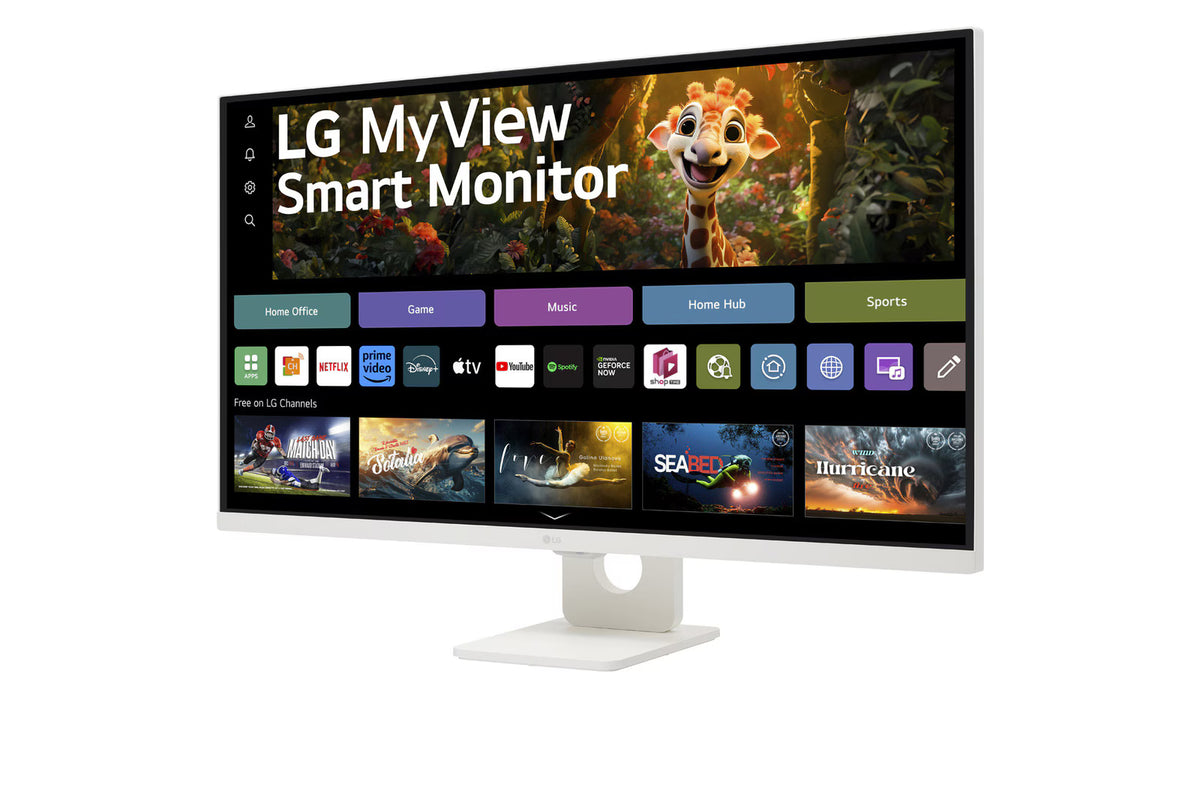 LG 32SR73U-W Monitor előlnézetben enyhén balra fordítva, talpon. A kijelzőn WebOS kezdőképernyő és myview logó.