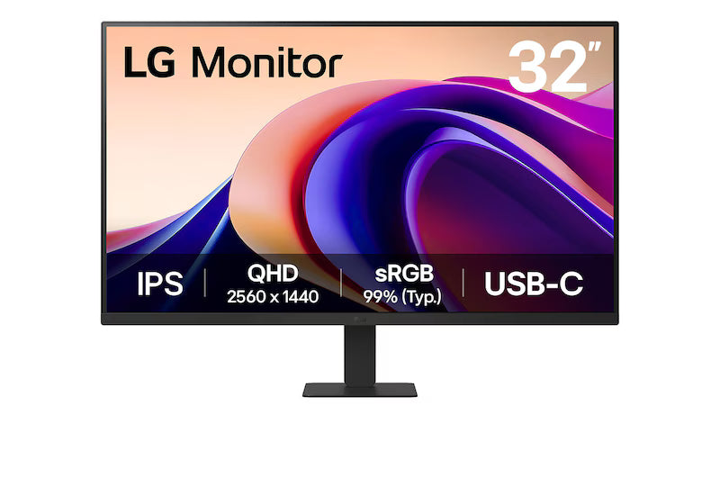 LG 32U631A-B Monitor előlnézetben, talpon. A kijelzőn lilás narancssárga absztrakt ábra és a lényeges paraméterek.