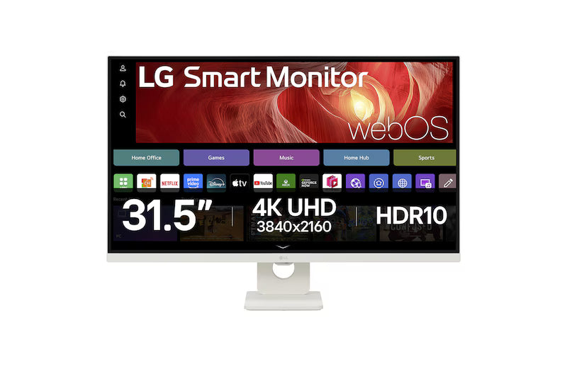 LG 32U721SA-W Monitor előlnézetben talpon. A kijelzőn webos kezdőképernyő és applikációk ikonjai, főbb paraméterek.