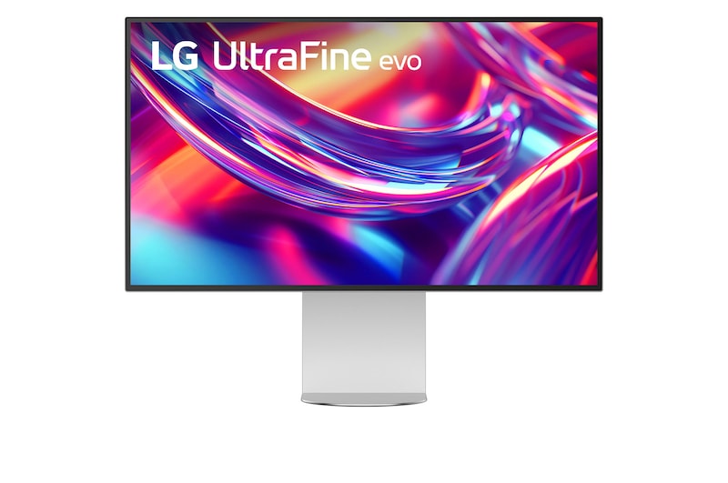 LG 32U990A-S Monitor előlnézetben talpon. A kijelzőn kékes lila absztrakt ábra és lg ultrafine evo logó.