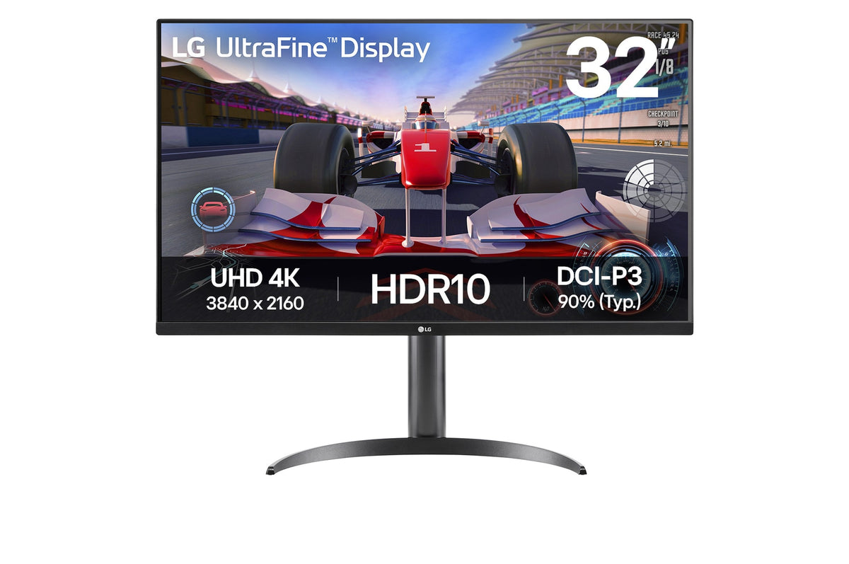 LG 32UR550K-W Monitor előlnézetben, talpon. A képernyőn forma 1 szimulátor és lg uhd logó.