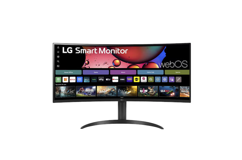 LG 34SR65QC-B Monitor előlnézetben talpon. A kijelzőn webos smart kezdőképernyő apllikációk.