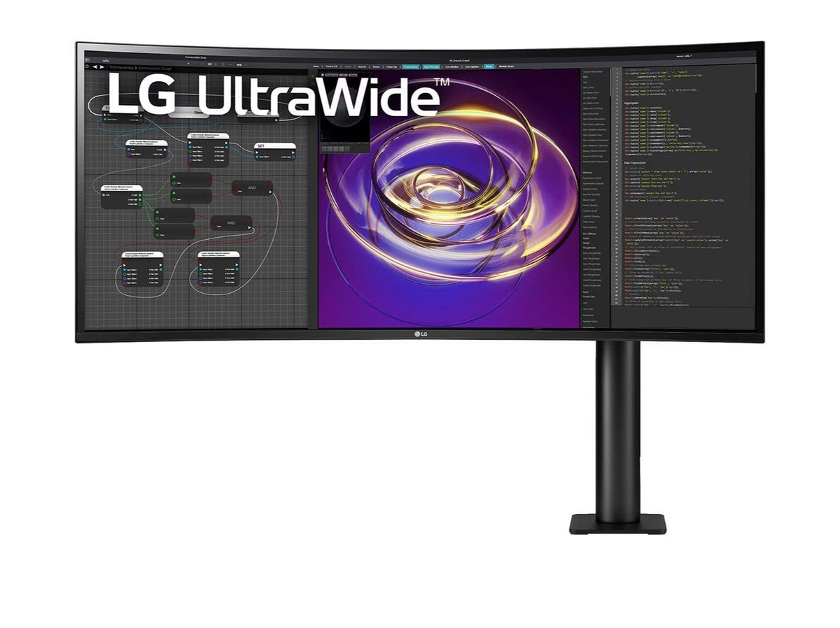 LG 34WP88C-B UltraWide Ergo monitor előlnézetben, állványra szerelve.