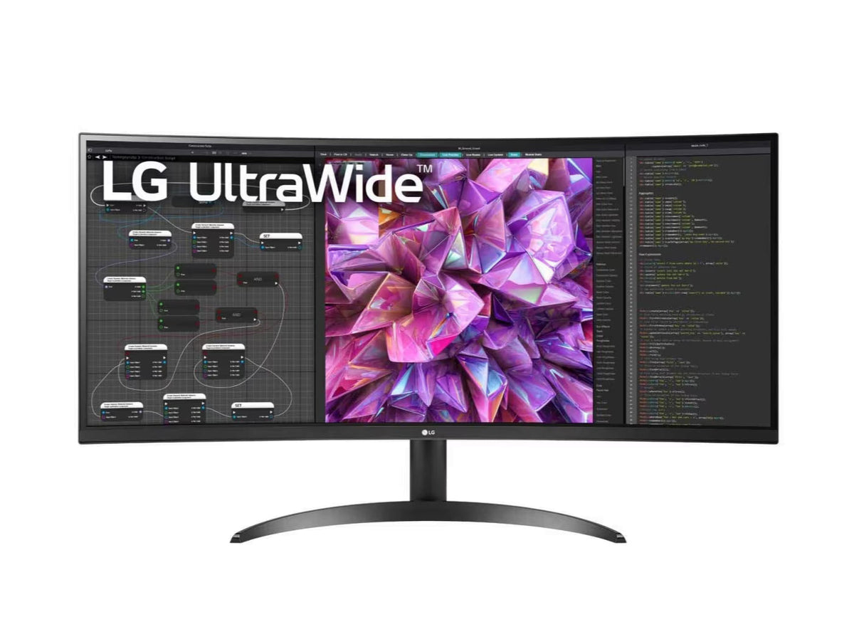 LG 34WQ60C-B Monitor előlnézetben, talpon. A kijelzőn webfejlesztés és lg ultrawide logó.