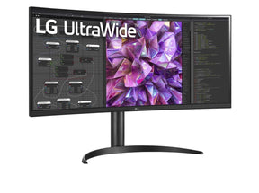 LG 34WQ75X-B Monitor előlnézetben enyhén jobbra fordítva, talpon. A kijelzőn webfejlesztés és lg ultrawide logó.