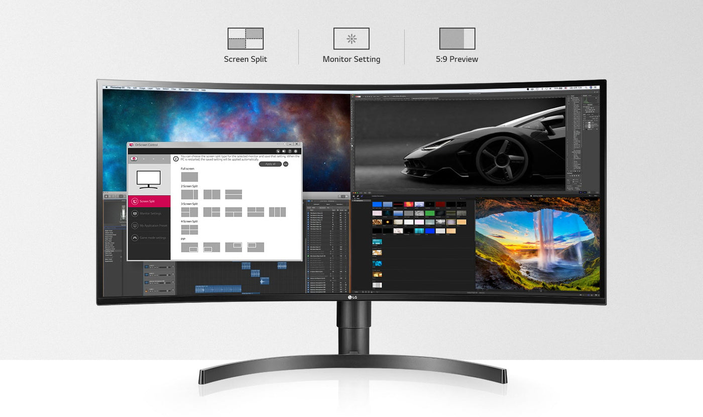 LG 35WN75C-B monitor onscreen control szoftver támogatása és egyszerű menürendszere.