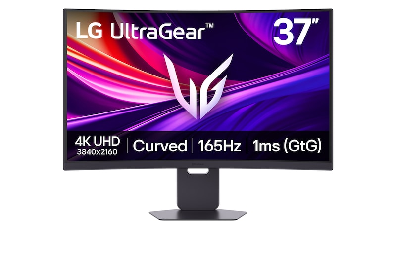 LG 37G800A-B Monitor előlnézetben talpon. A kijelzőn pirosas kék absztrtakt ábra és a főbb paraméterek értékei.