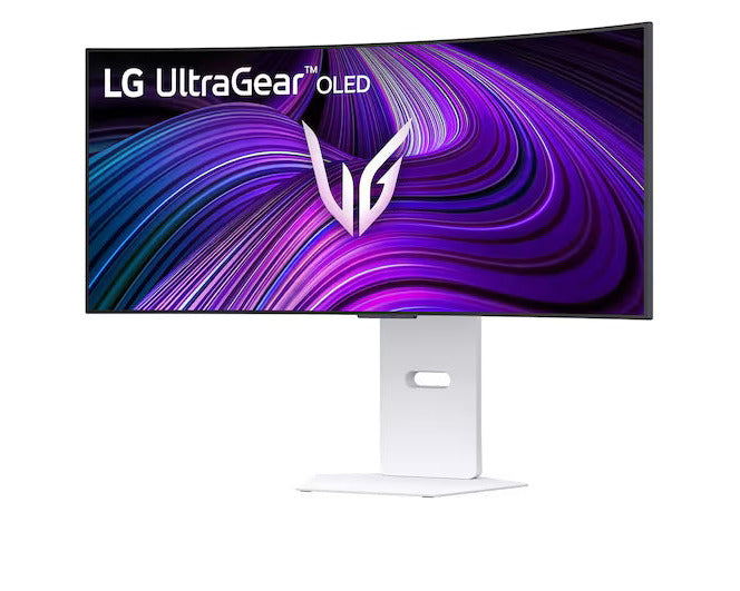 LG 39GX90SA-W monitor előlnézetben talpon, enyhén balra fordítva. A képernyőn lg ultragear oled logó és kékes lila absztrakt ábra.