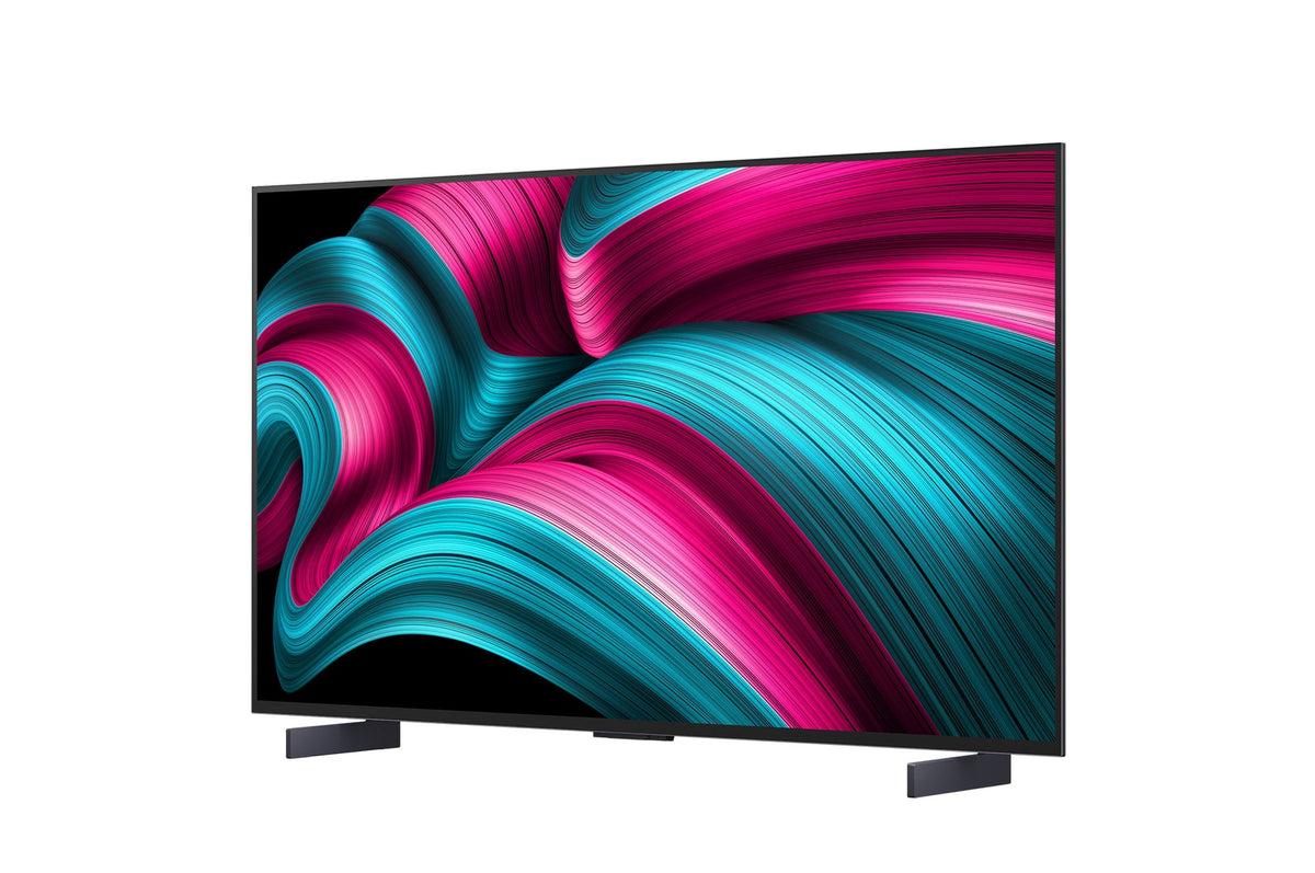 LG 42C5 OLED Televízió előlnézetben, talpon. A kijelzőn pirosas kék absztrakt ábrák.