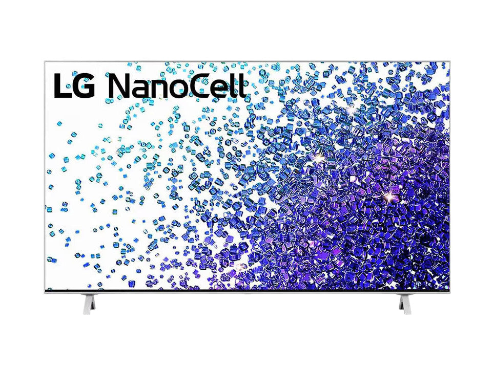 LG 43NANO773PA 4K NanoCell Smart TV előlnézetben, talpon. A kijelzőn kék kristályok szétszórva és lg nanocell logó.
