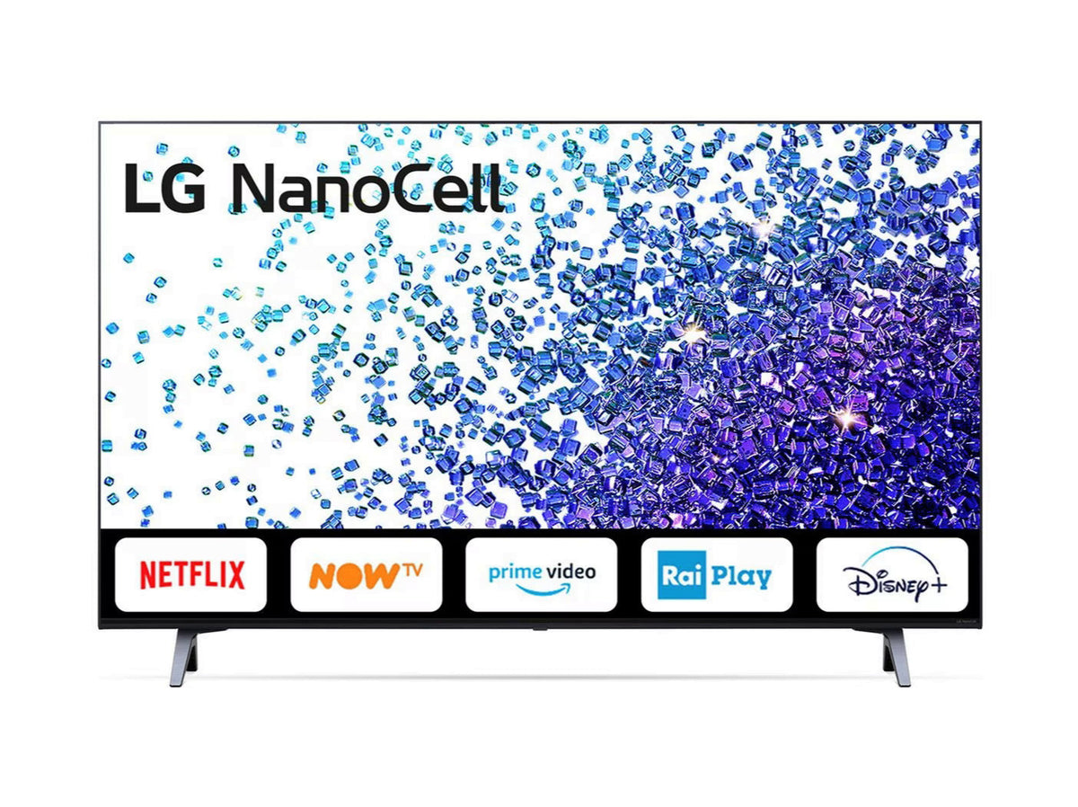 LG 43NANO796PC 4K NanoCell Smart TV előlnézetben, talpon. A kijelzőn kék kristályok szétszórva, streaming appok és lg nanocell logó.