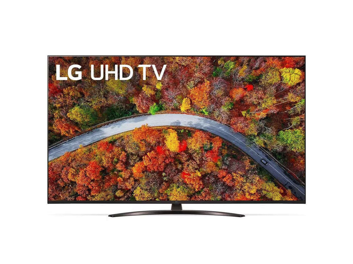 LG 43UP8100 4K Smart TV előlnézetben, talpon. A kijelzőn sárgás piros őszi tájkép közepén áthaladó út és lg uhd tv logó.