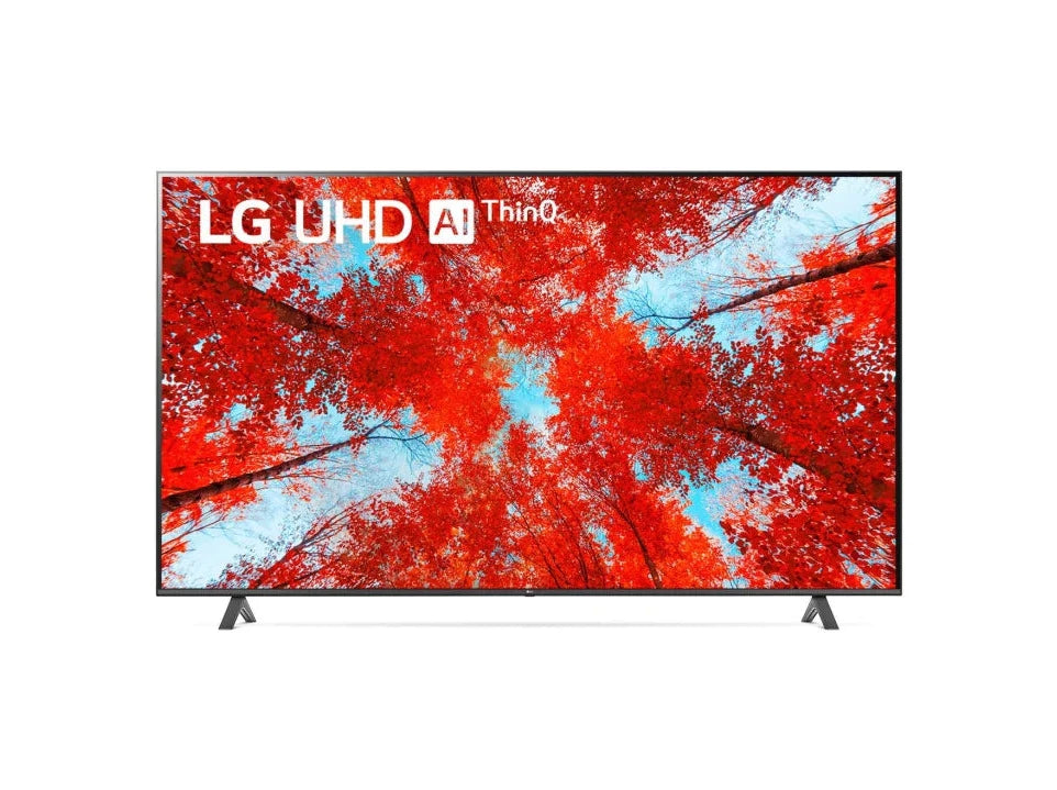 LG 43UQ9000 4K Smart TV előlnézetben, talpon. A kijelzőn piros őszi erdő és lg uhd thinq ai logó.