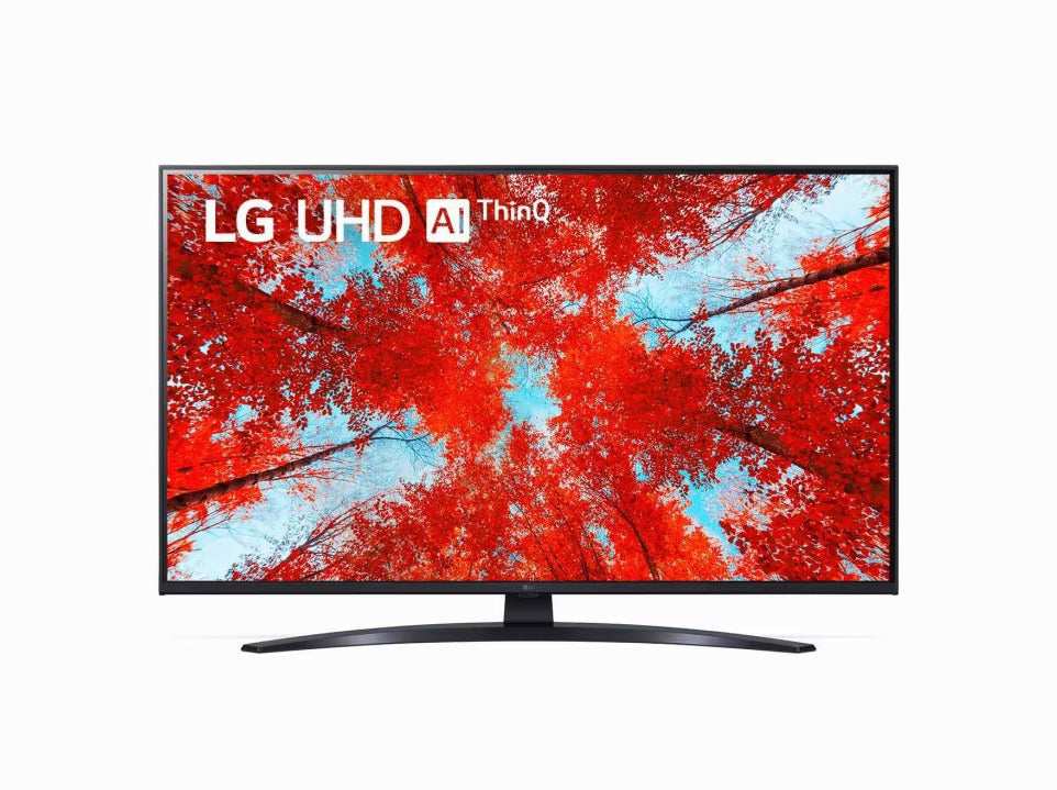 LG 43UQ9100 4K Smart TV előlnézetben, talpon. A kijelzőn piros őszi erdő és lg uhd thinq ai logó.