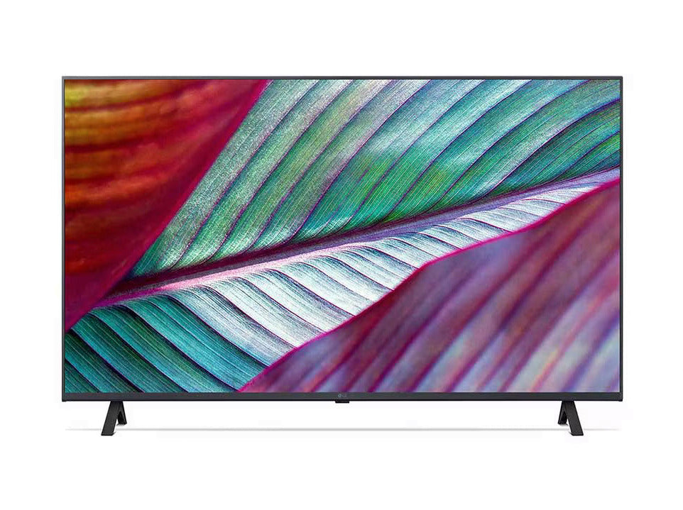 LG 43UR7800 4K Smart TV előlnézetben talpon, enyhén balra fordítva. A kijelzőn lilás zöld növényi levél.