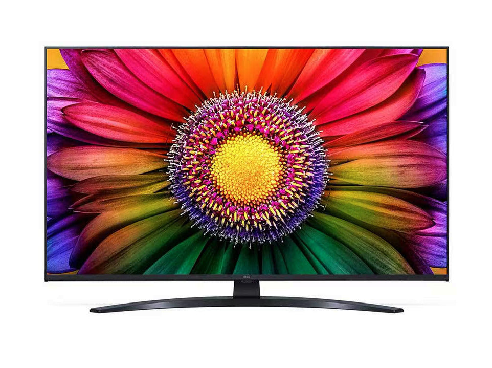 LG 43UR8100 4K Smart TV előlnézetben talpon. A kjielzőn élénk színes virág.