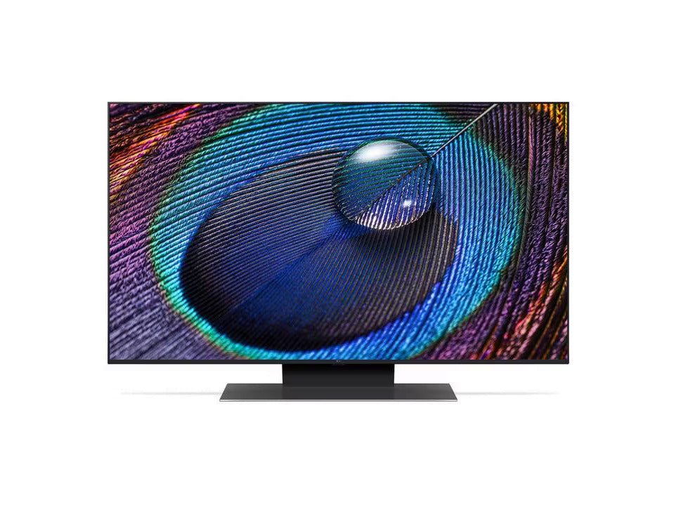 LG 43UR9100 4K Smart TV előlnézetben talpon. A kjielzőn pasztel színes virág és vízcsepp.