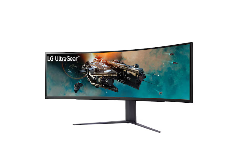 LG 49GR85DC-B Monitor előlnézetben talpon, enyhén balra fordítva. A kijelzőn LG ultragear logó és űrhajó flotta.