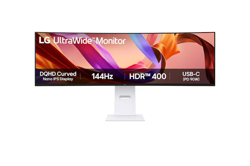 LG 49U950A-W Monitor előlnézetben talpon, enyhén balra fordítva. A kijelzőn főbb paraméterek és színes selyemszalagok a háttérben.